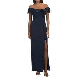 BETSY & ADAM Navy Off The Shoulder Organza Scuba Gown